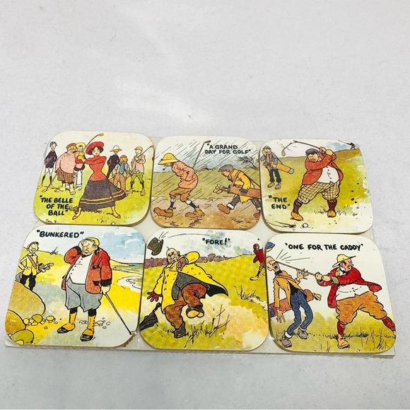 Novelty Golfing Coasters Cartoon Set/6  Tom Browne Edwardian Scene Cartoon‎ Gift - Picture 1 of 9